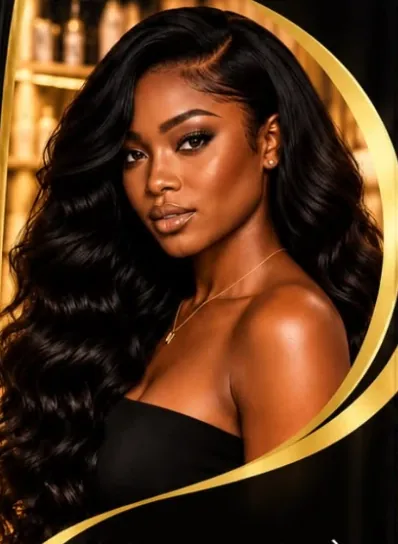 Model with long, glossy black body-wave hair and a gold swoosh frame