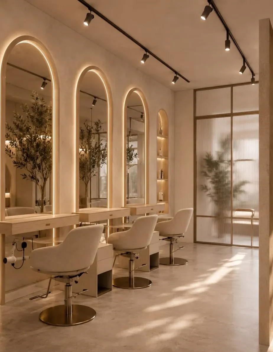 Warm, beige salon interior with arched backlit mirrors and cream chairs on gold bases