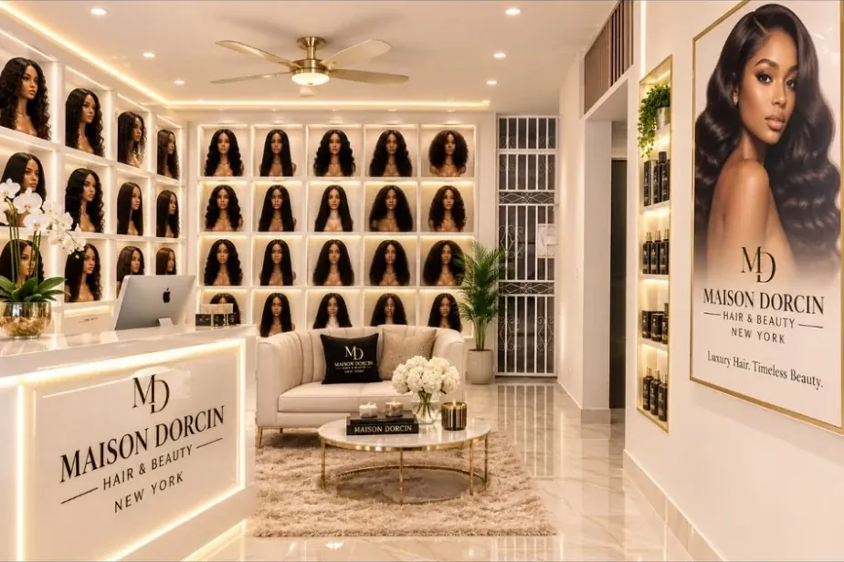 Bright showroom with a wall of wigs on display and a reception desk